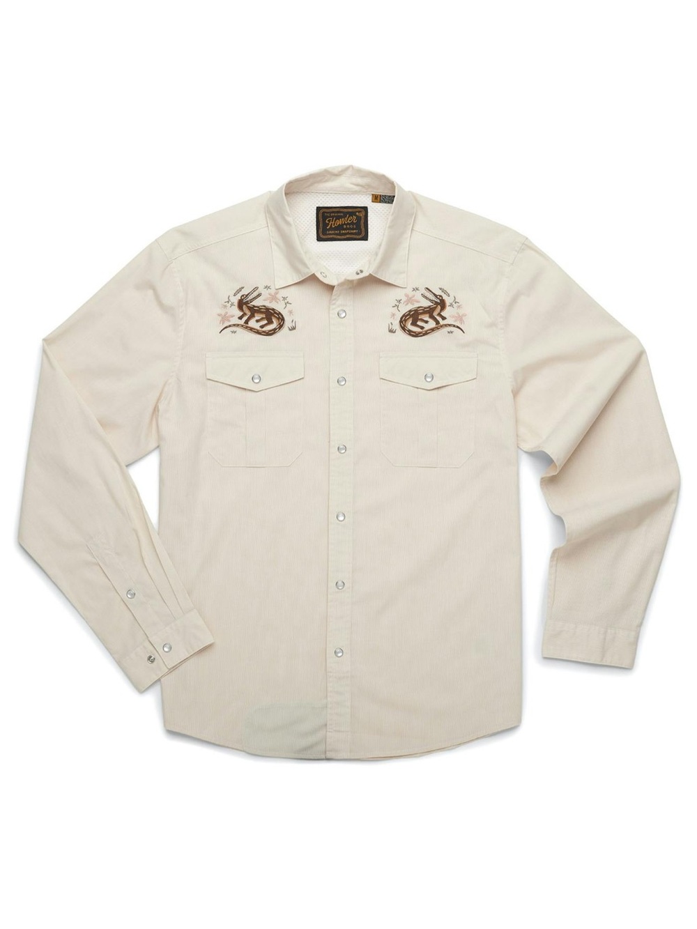 Howler Brothers Long Sleeve Gaucho Snapshirt: Lazy Gators: Wheat Microstripe XXL